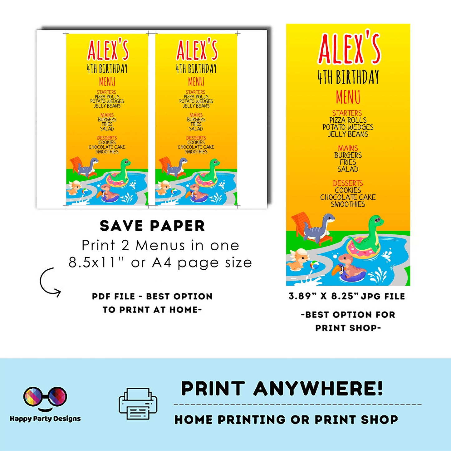 Editable Dinosaur Pool Party Menu | Digital Dinosaur Pool Party printable menu  | Birthday boy | Dinosaur menu | Personalize Online #K83