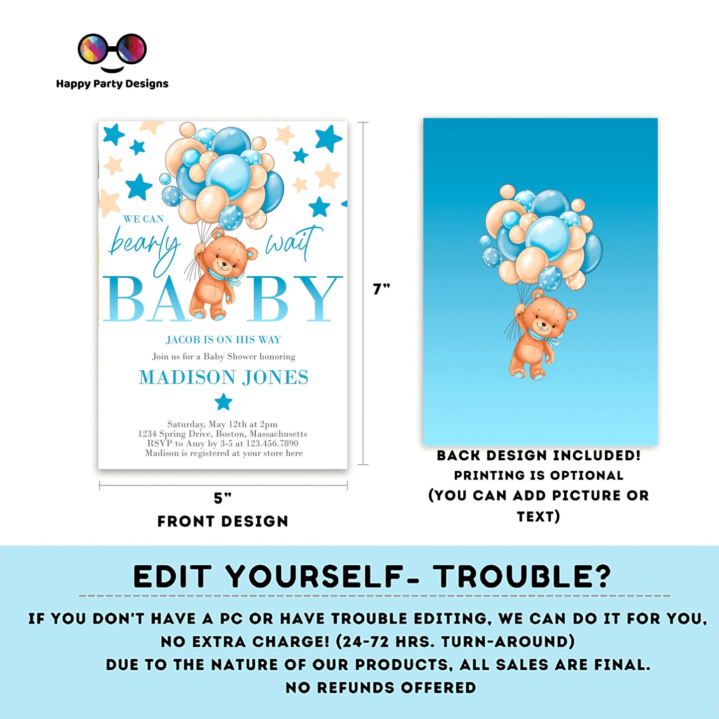 Bearly Wait Baby Shower Invitation bundle | blue Teddy bear baby shower invitation template | teddy bear with balloons bundle | Shower #B22