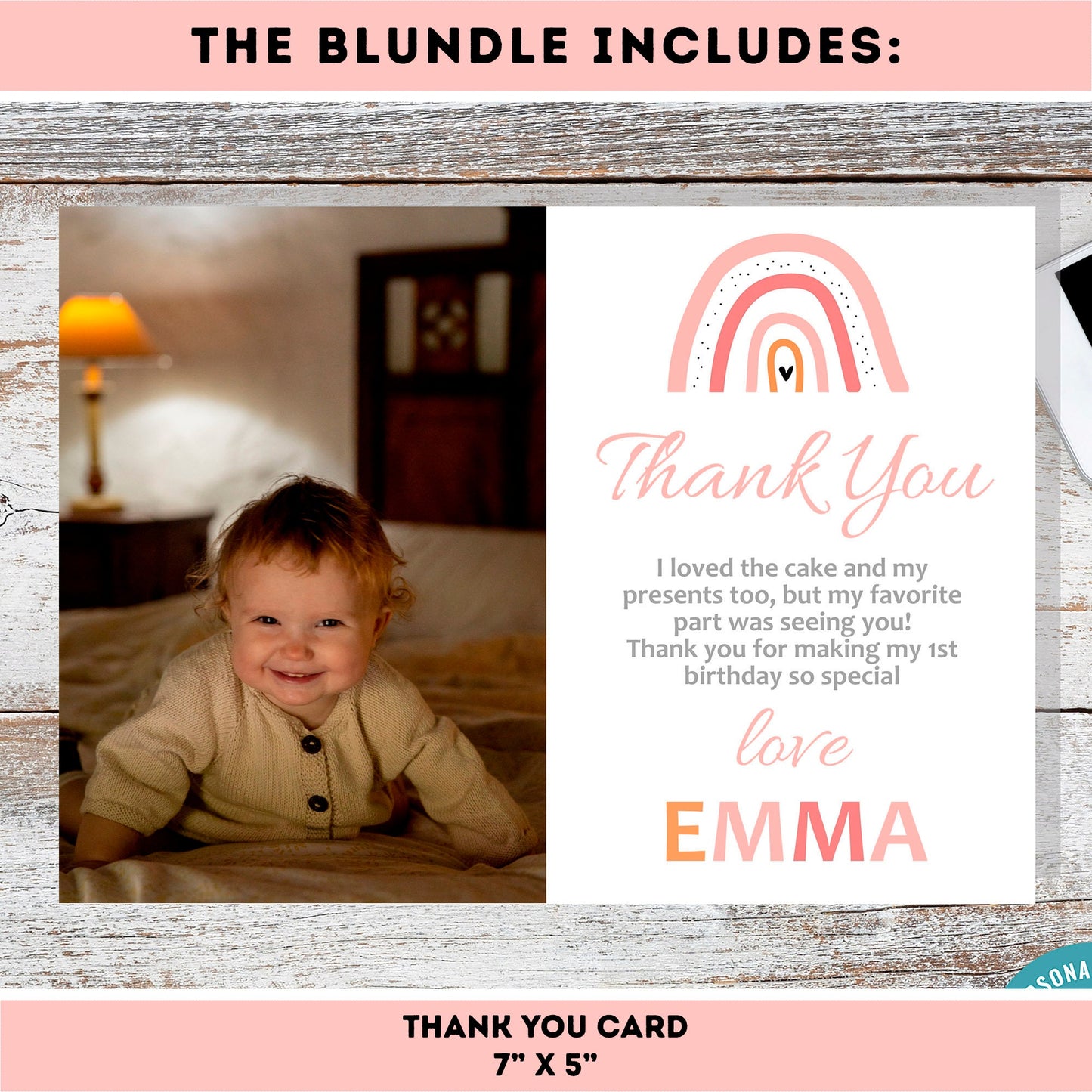EDITABLE Boho Rainbow invitation bundle | High Chair banner, cupcake toppers, thank you tag, thank you card | First birthday | #K19