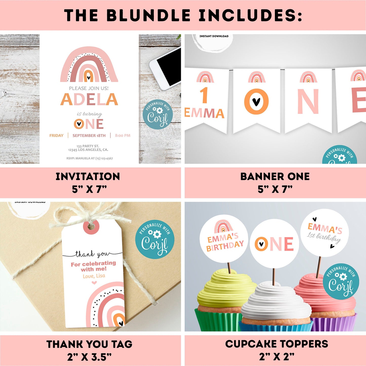 EDITABLE Boho Rainbow invitation bundle | High Chair banner, cupcake toppers, thank you tag, thank you card | First birthday | #K19