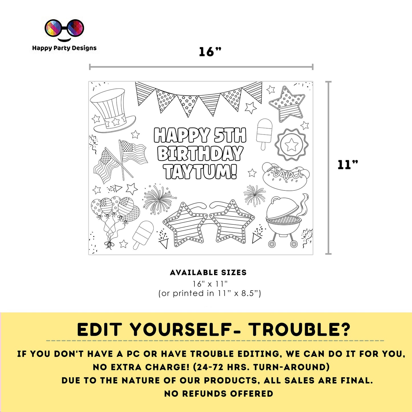 Editable 4th July coloring page | 4th July Placemat coloring page | Any Age | Independence Day Party Activity |  #K90