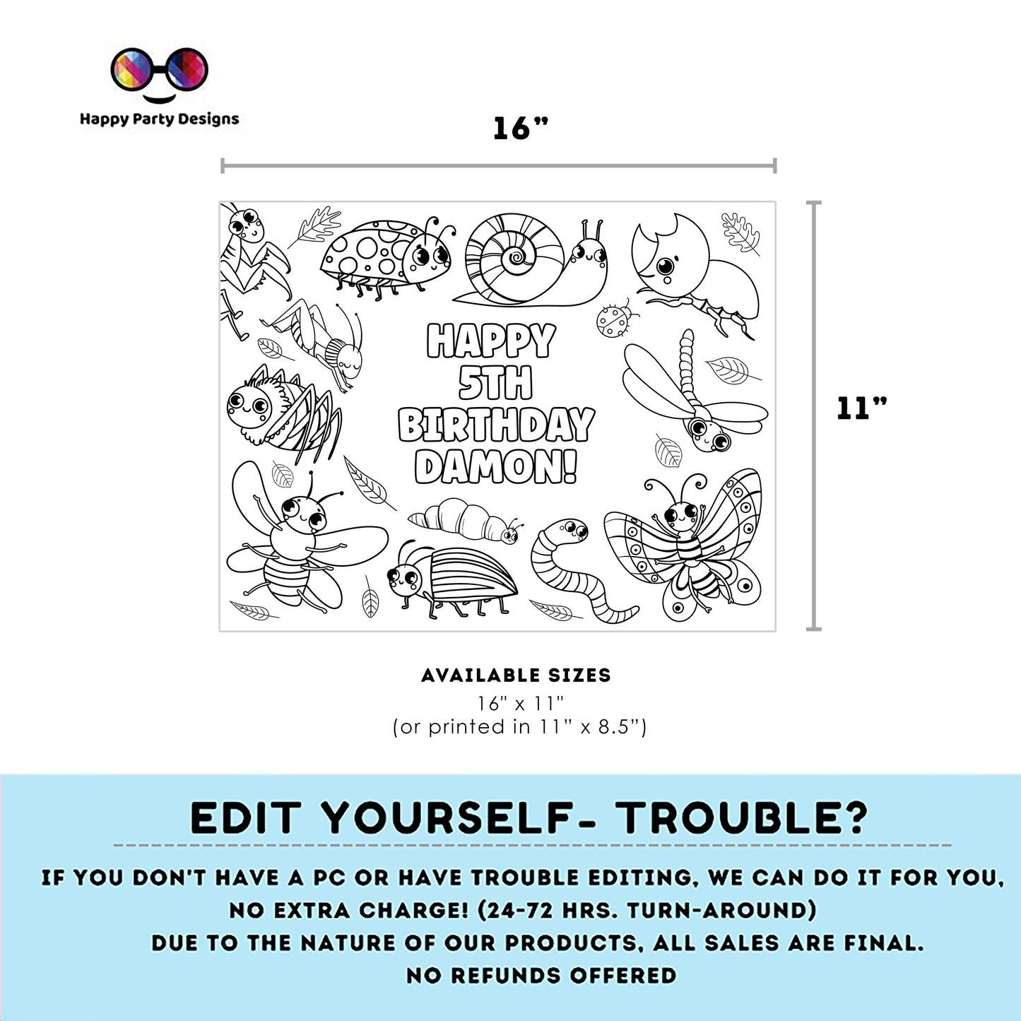 Editable Bugs coloring page | Placemat coloring page | Any Age | Bugs birthday party | Bugs and Insects Party Activity  #K49