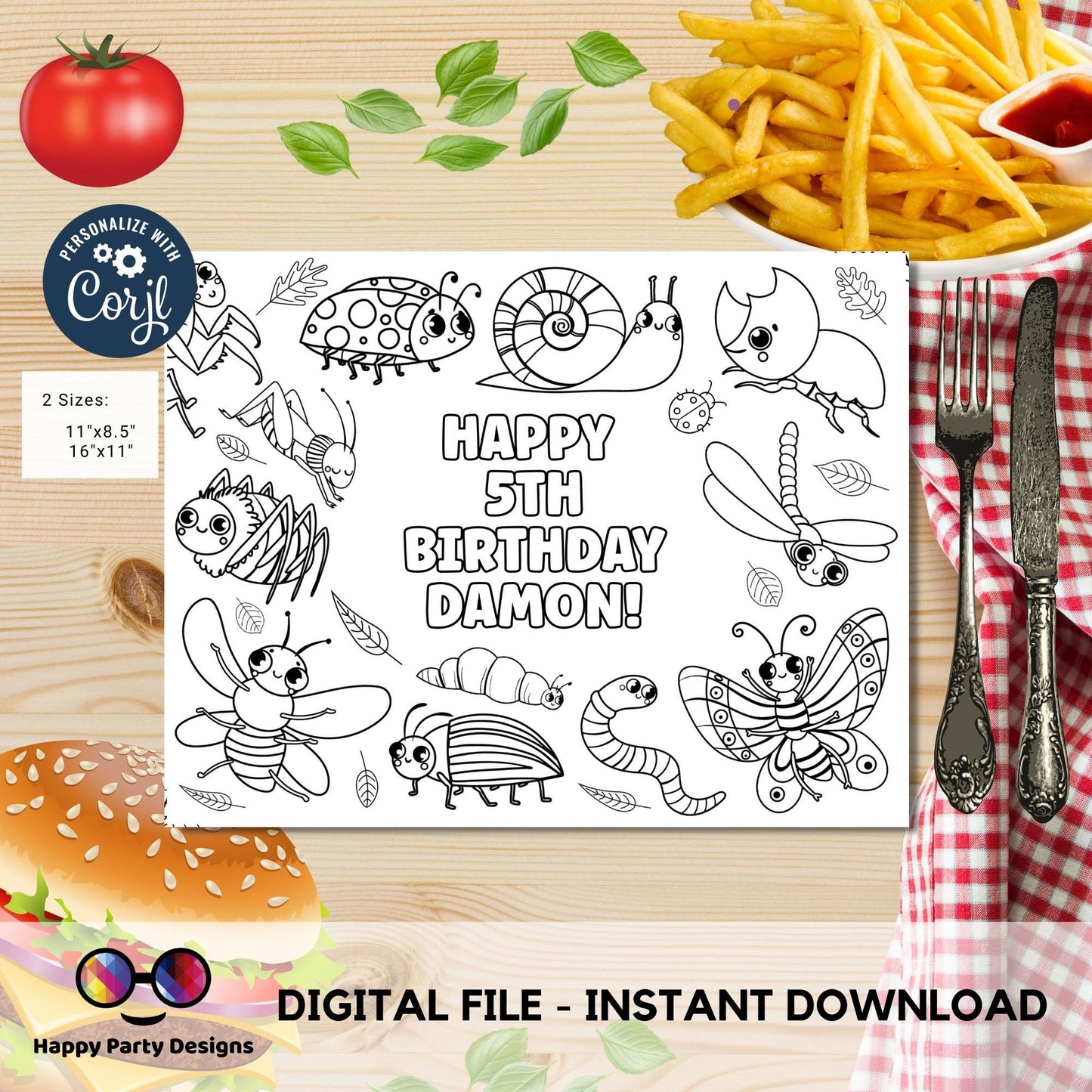 Editable Bugs coloring page | Placemat coloring page | Any Age | Bugs birthday party | Bugs and Insects Party Activity  #K49