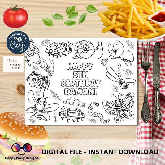 Editable Bugs coloring page | Placemat coloring page | Any Age | Bugs birthday party | Bugs and Insects Party Activity  #K49