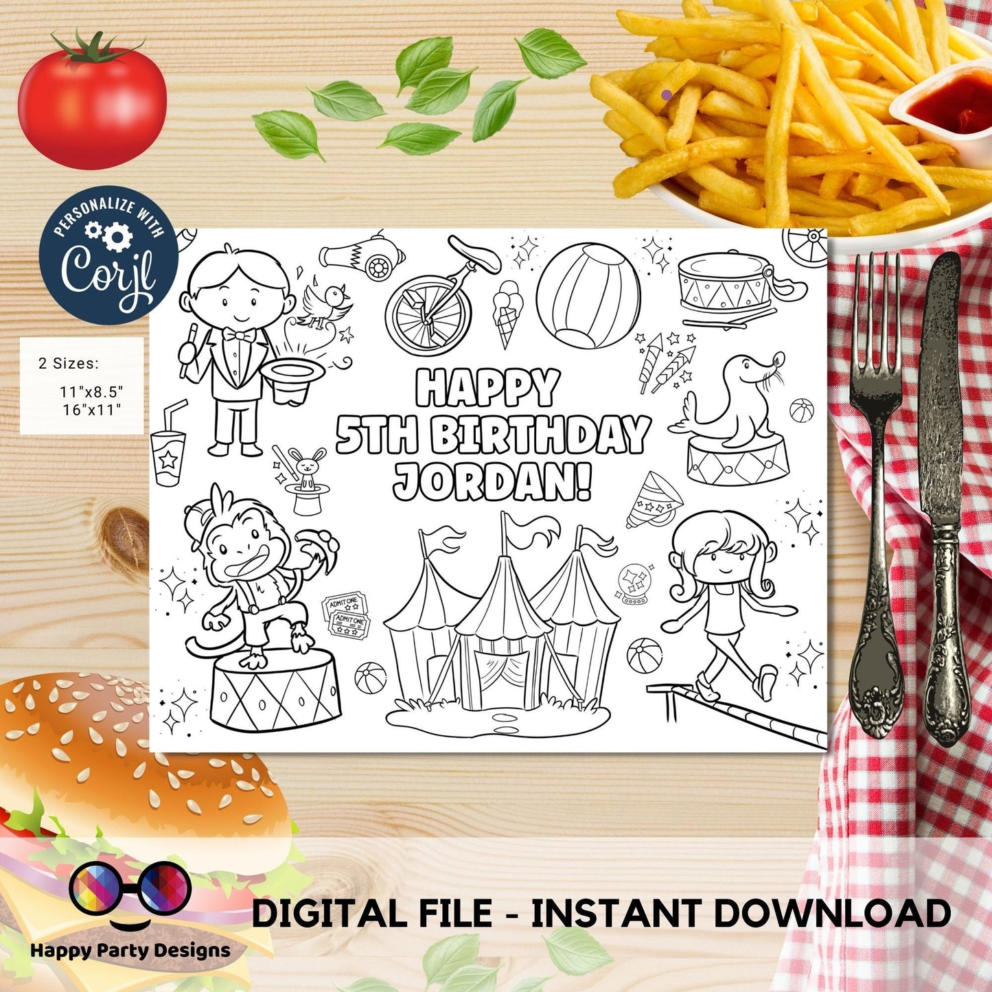 Editable circus coloring page | Placemat coloring page | Any Age | Circus birthday party | Circus Party Activity  #K119