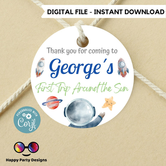 Editable First Trip Around the Sun Thank you tag | Outer Space printable thank you tag | Birthday boy |  Outer Space  Round Favor tag #K5