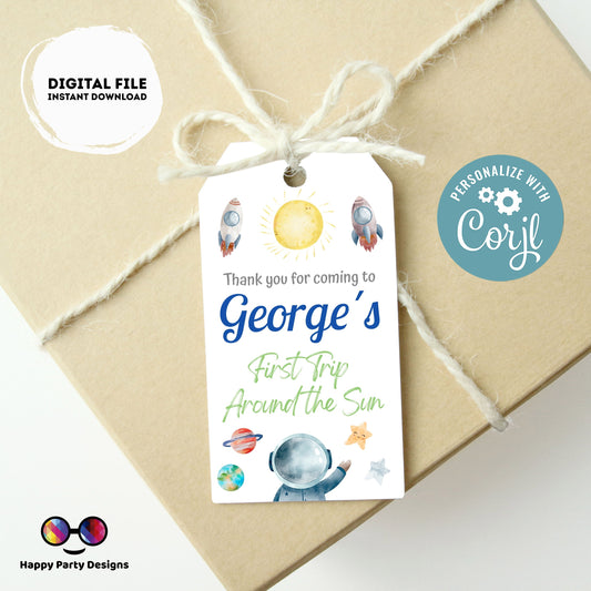 Editable First Trip Around the Sun Thank you tag | Outer Space printable thank you tag | Birthday boy |  Outer Space  Favor tag #K5