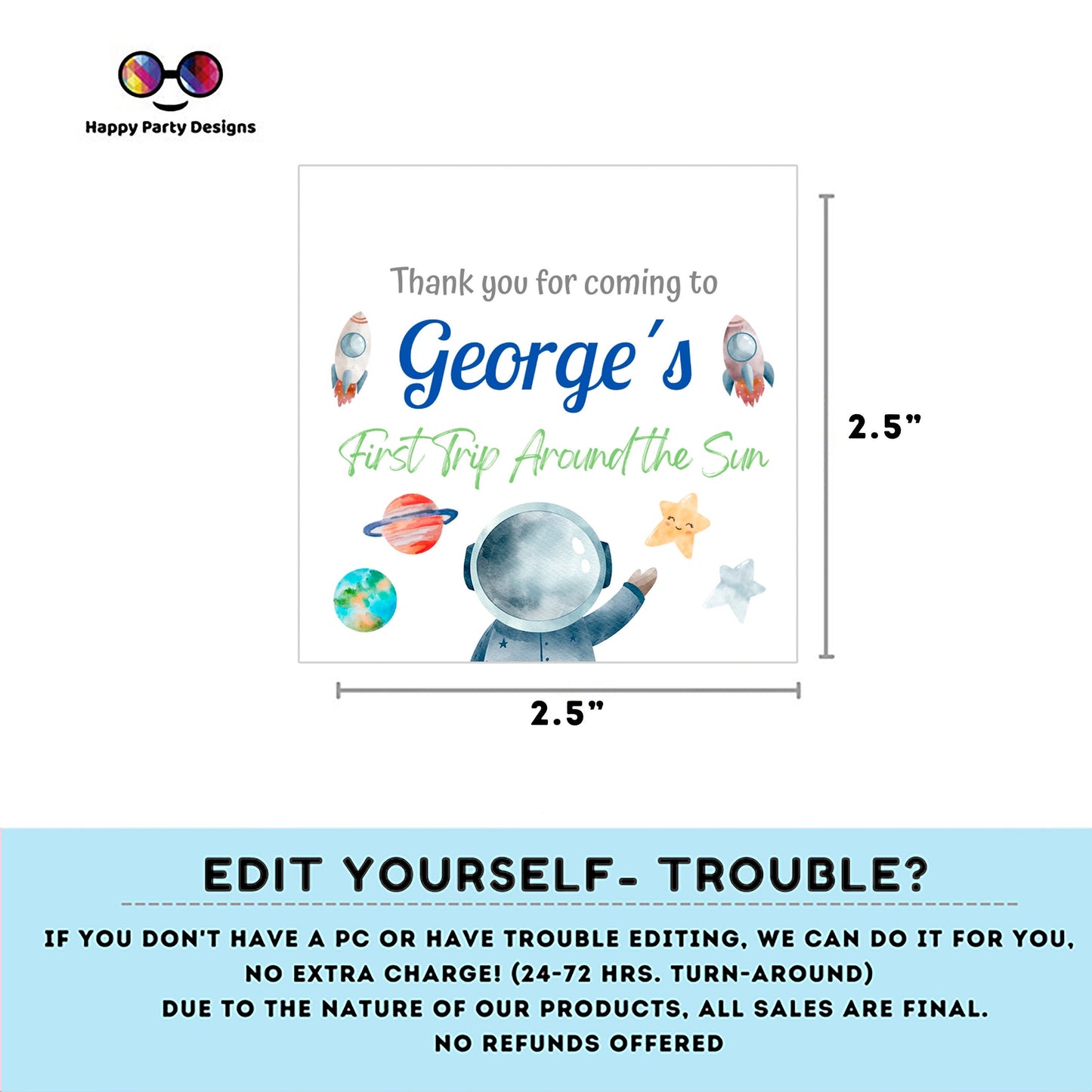 Editable First Trip Around the Sun Thank you tag | Outer Space printable thank you tag | Birthday boy |  Outer Space Squared Favor tag #K5