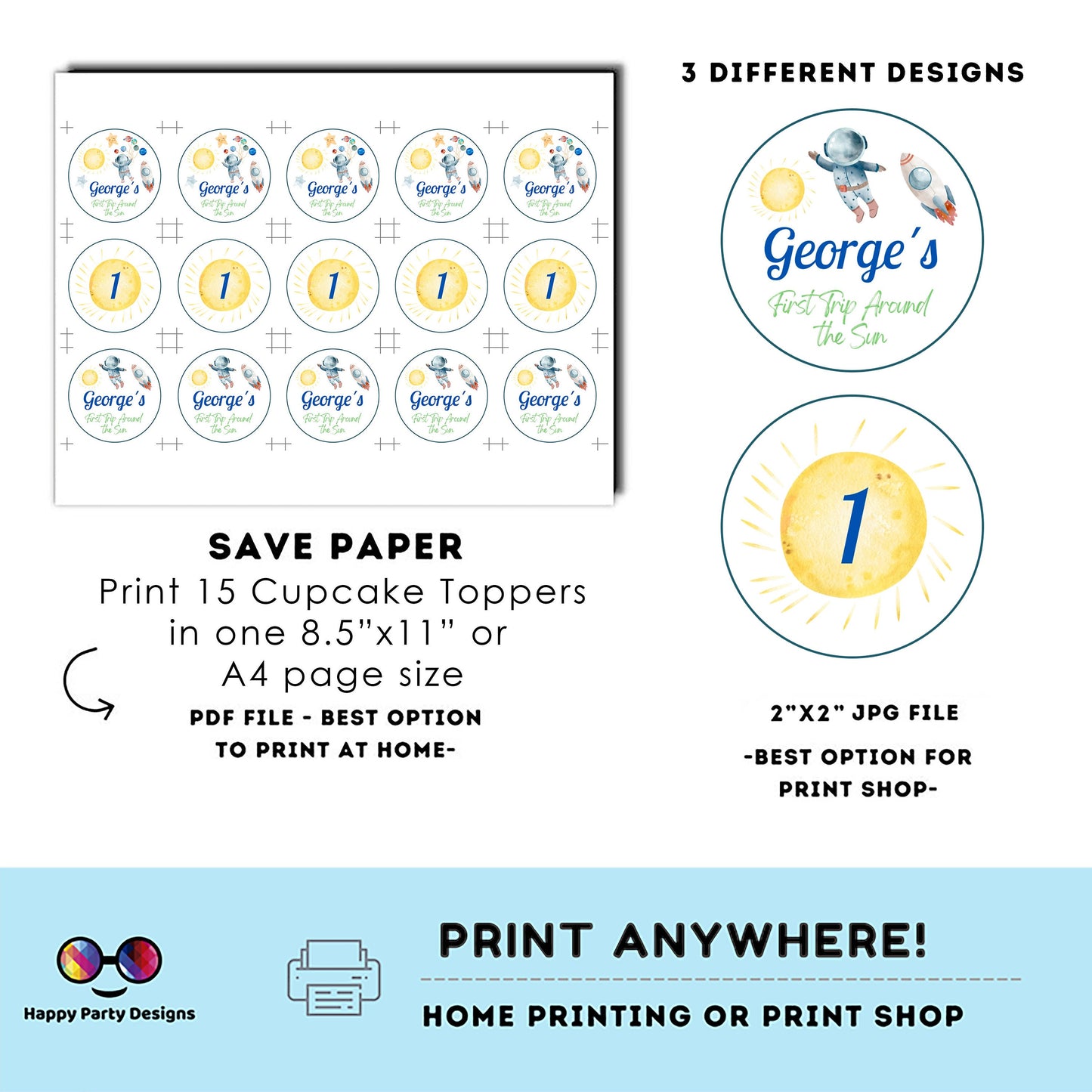 Editable First Trip Around the Sun cupcake toppers | Outer Space birthday | Astronaut Birthday Party | Outer Space stickers  #K5