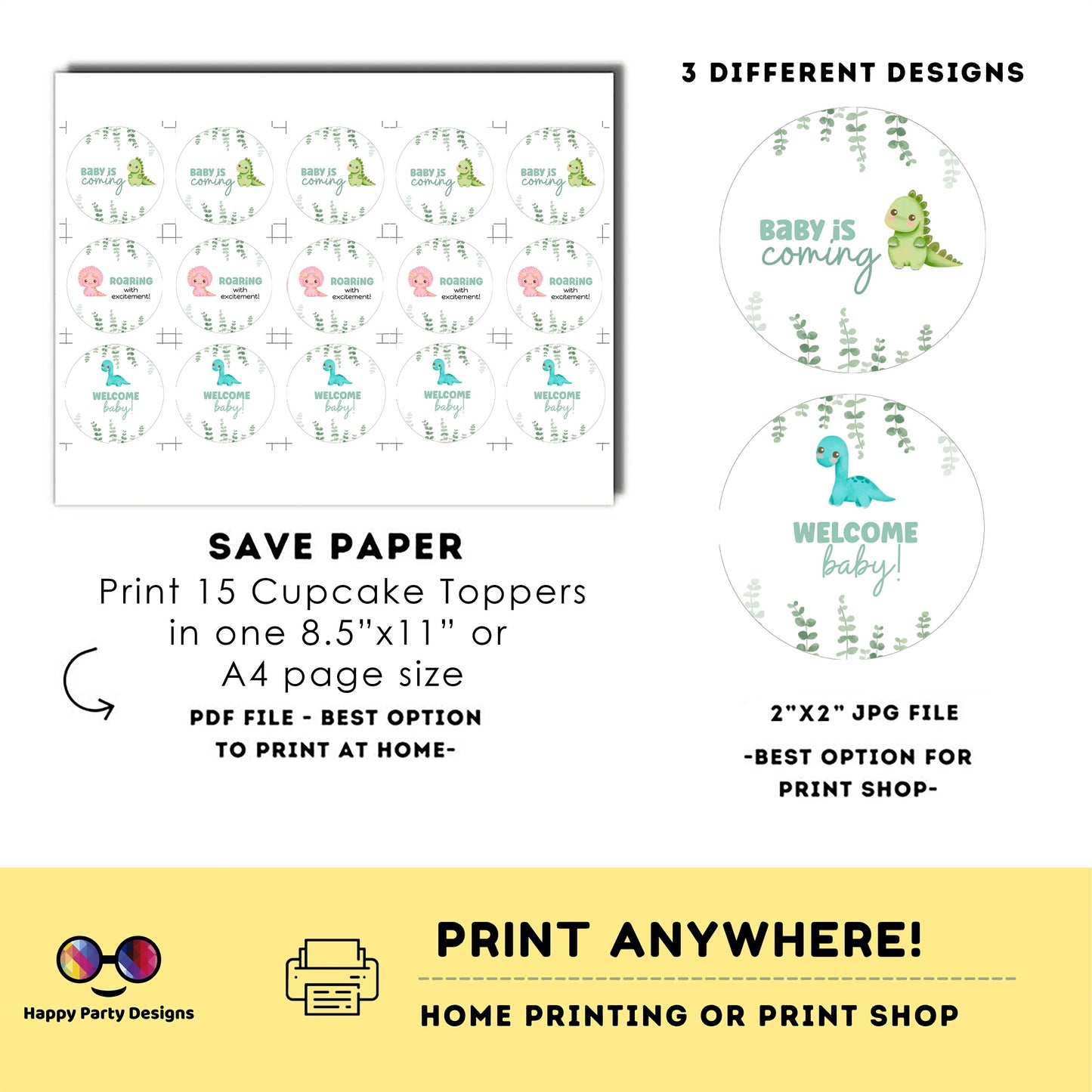 Editable dino baby shower cupcake toppers | Instant download | neutral gender baby shower | dinosaur baby shower | Baby Shower  #B15