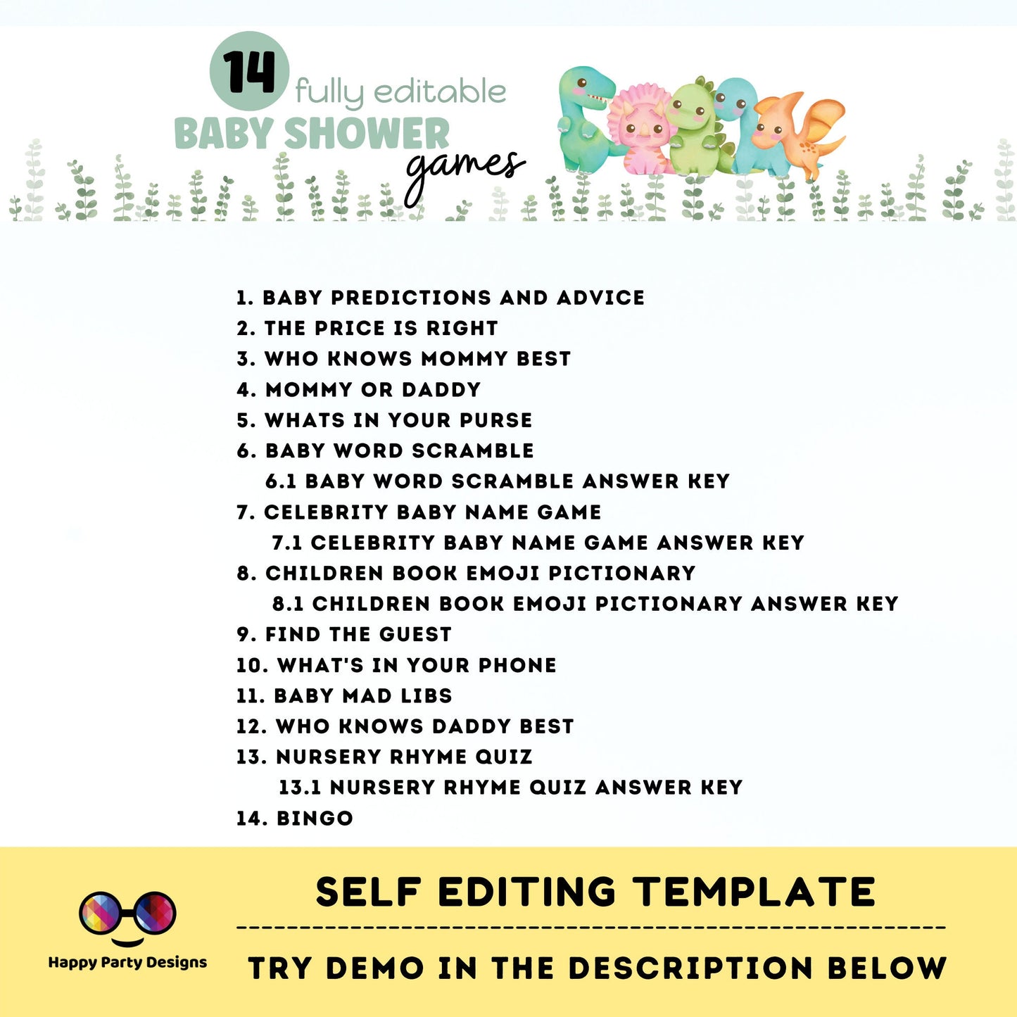 Editable dinosaur games bundle | Dino baby shower games | Baby boy | neutral gender shower |  dinosaur baby shower games #B15