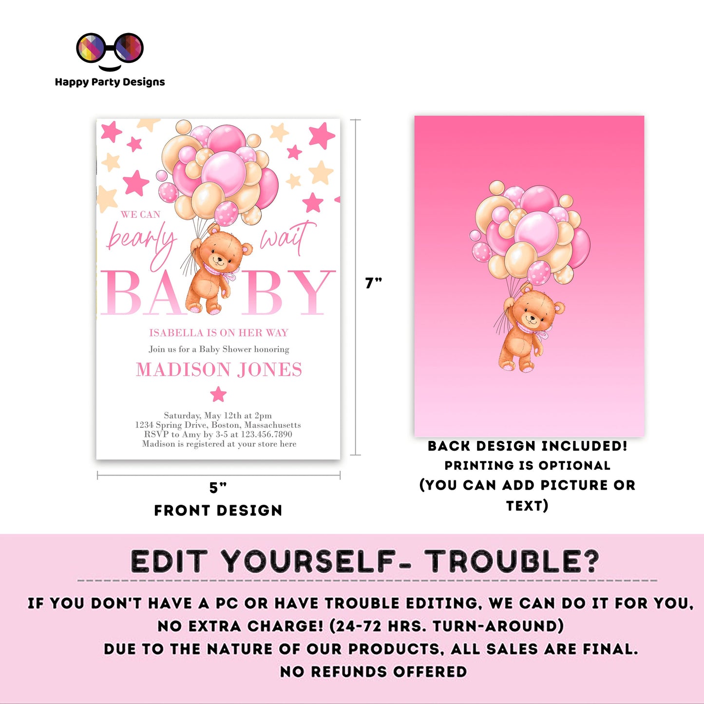 Bearly Wait Baby Shower Invitation bundle | pink Teddy bear baby shower invitation template | teddy bear with balloons bundle | Shower #B21