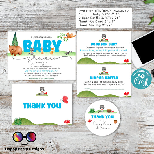 EDITABLE woodland Baby shower invitation bundle | diaper raffle, books for baby, thank you tag, thank you card | woodland baby shower | #B16