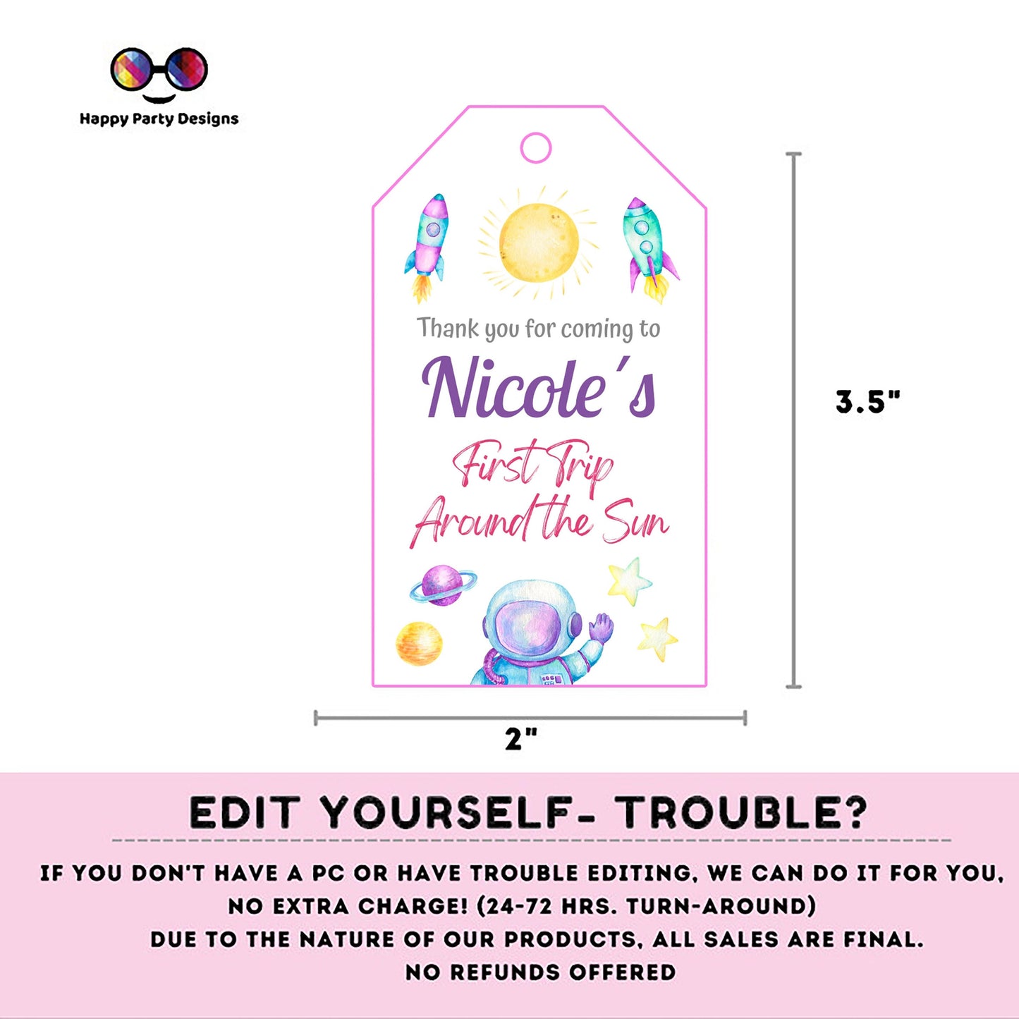 Editable First Trip Around the Sun Thank you tag | Outer Space printable thank you tag | Birthday Girl |  Outer Space  Favor tag #K57