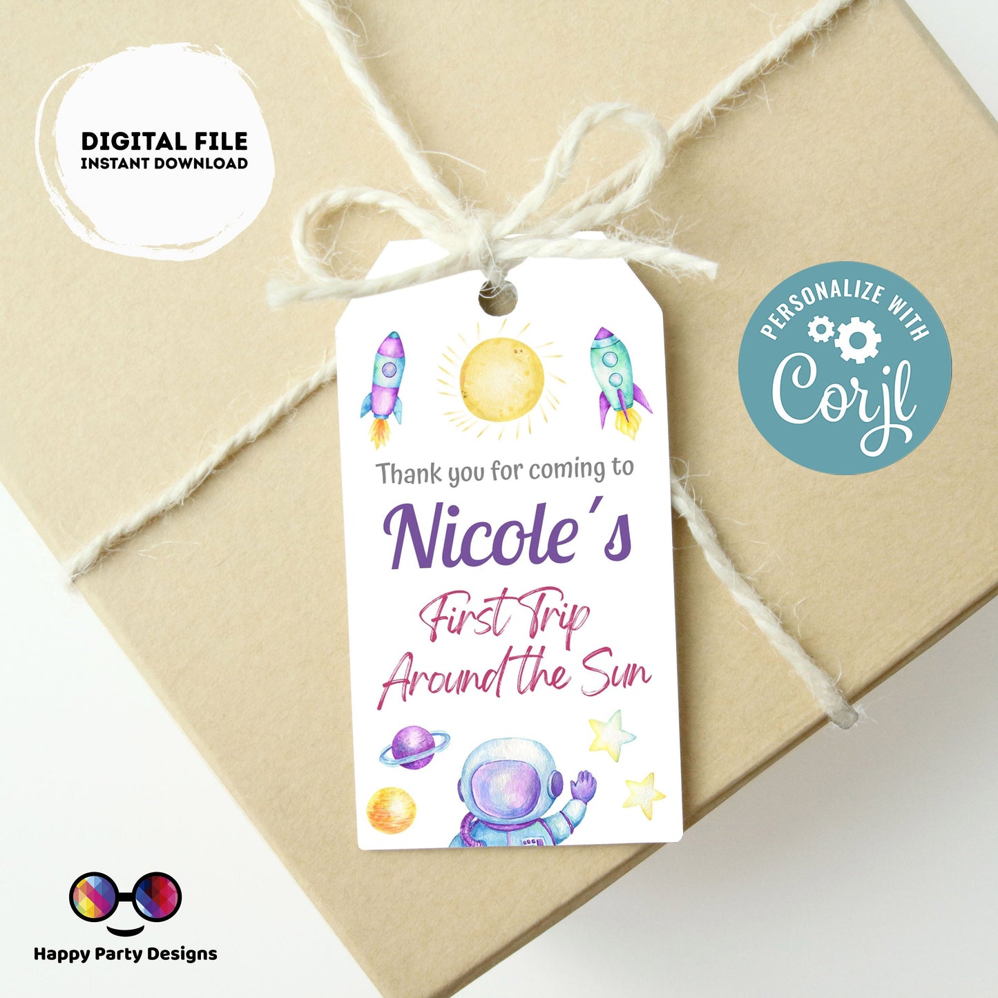Editable First Trip Around the Sun Thank you tag | Outer Space printable thank you tag | Birthday Girl |  Outer Space  Favor tag #K57