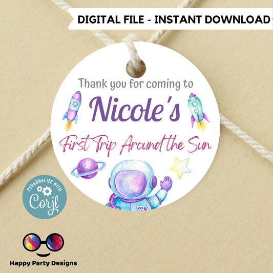 Editable First Trip Around the Sun Thank you tag | Outer Space printable thank you tag | Birthday Girl | Outer Space  Round Favor tag #K57
