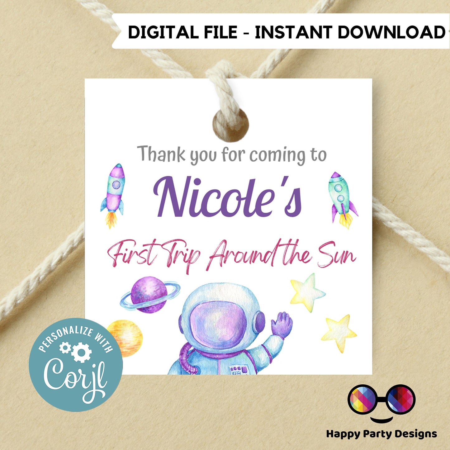 Editable First Trip Around the Sun Thank you tag | Outer Space printable thank you tag | Birthday Girl | Outer Space Squared Favor tag #K57