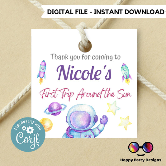 Editable First Trip Around the Sun Thank you tag | Outer Space printable thank you tag | Birthday Girl | Outer Space Squared Favor tag #K57