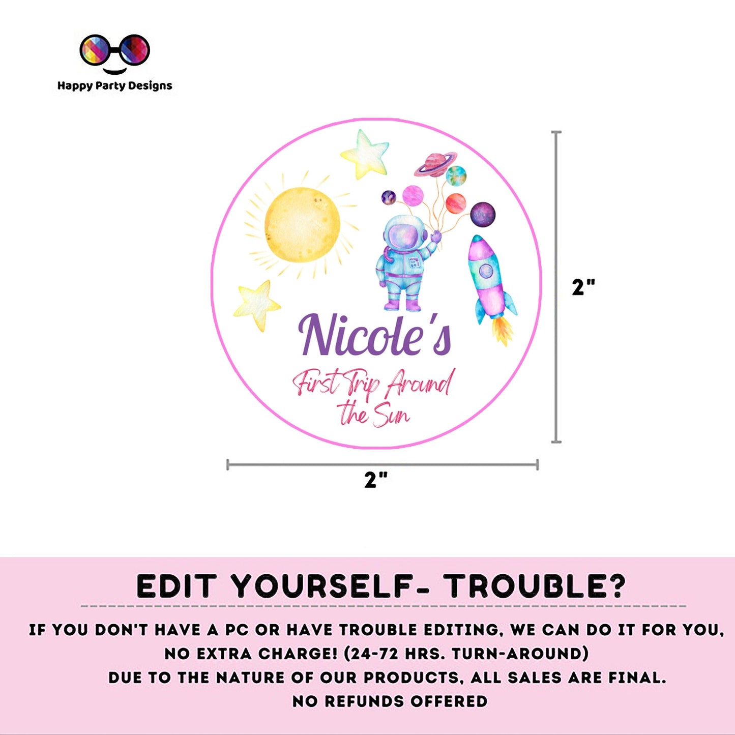 Editable First Trip Around the Sun cupcake toppers | Outer Space birthday | Astronaut Girl Birthday Party  | Outer Space stickers  #K57