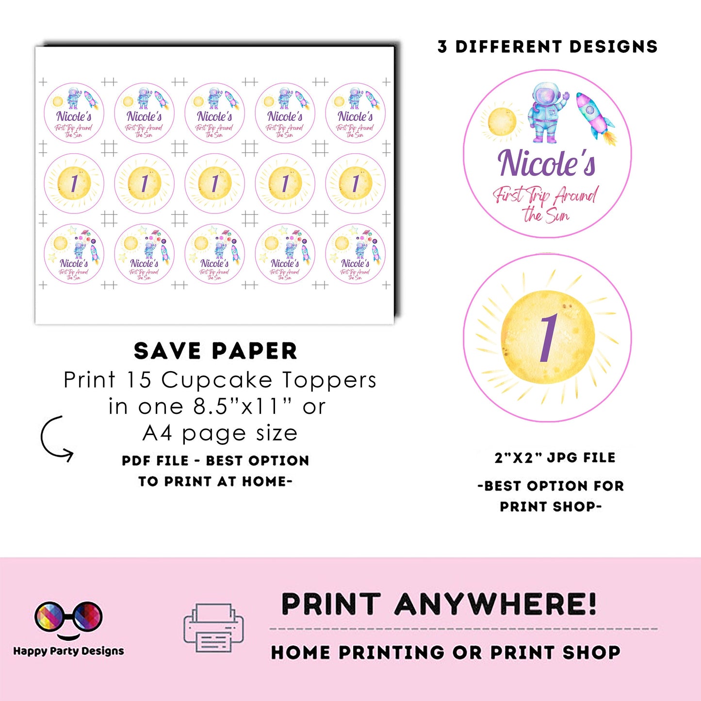 Editable First Trip Around the Sun cupcake toppers | Outer Space birthday | Astronaut Girl Birthday Party  | Outer Space stickers  #K57