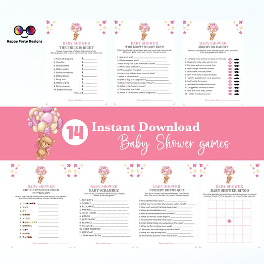 Instant teddy bear baby games bundle | baby shower games | Baby girl | pink baby shower | bear and balloons baby shower games #B21