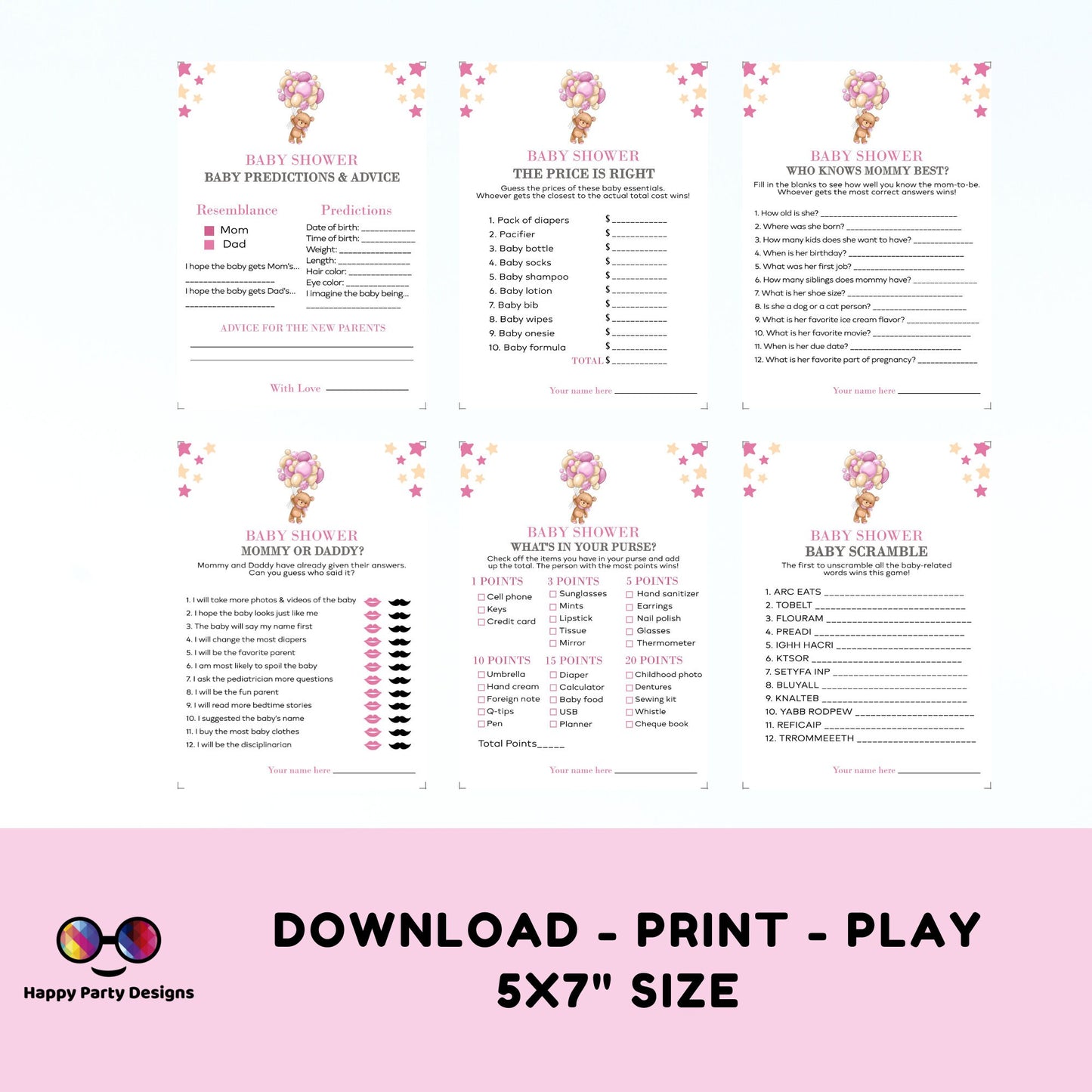 Instant teddy bear baby games bundle | baby shower games | Baby girl | pink baby shower | bear and balloons baby shower games #B21