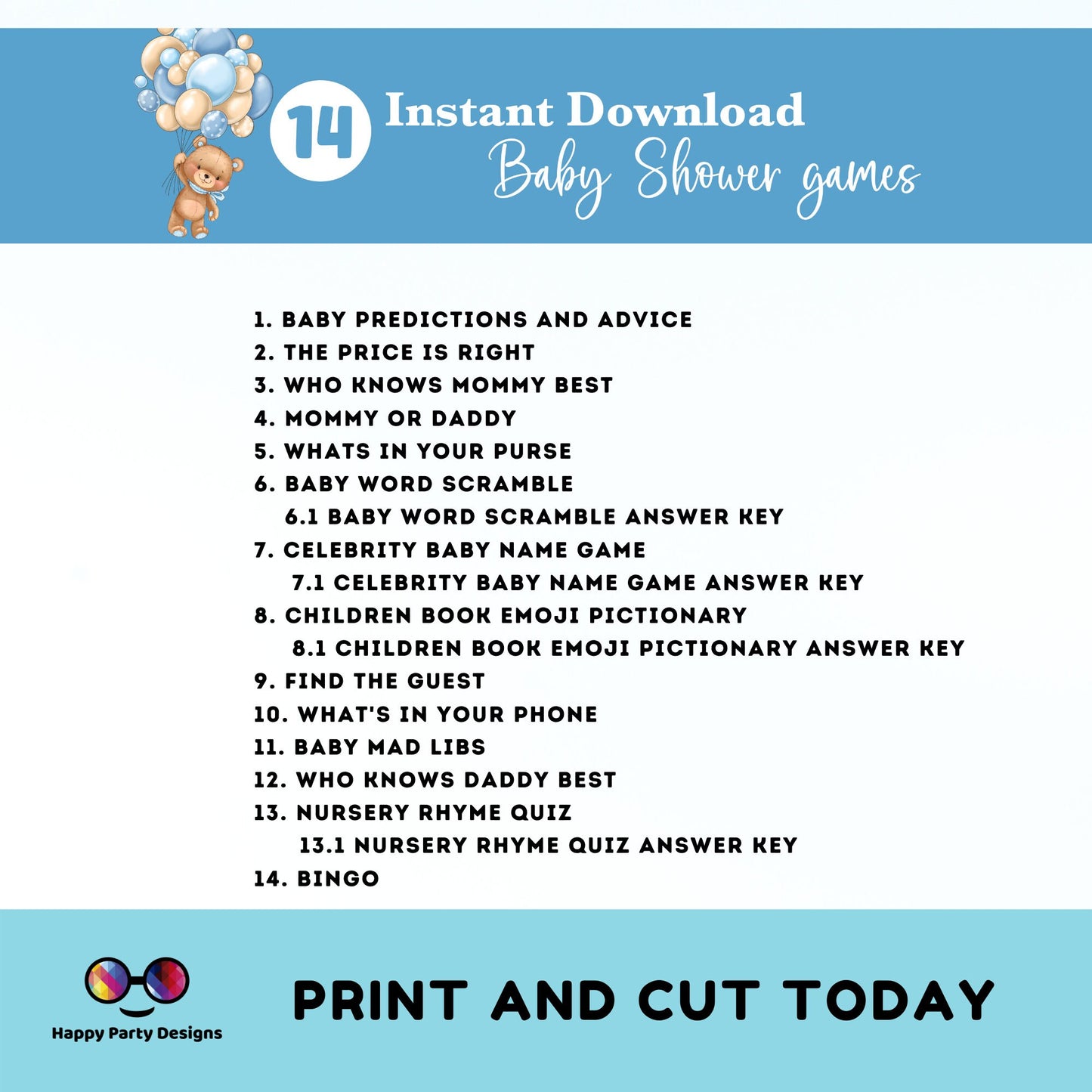 Instant teddy bear baby games bundle | baby shower games | Baby boy | blue baby shower | bear and balloons baby shower games #B22