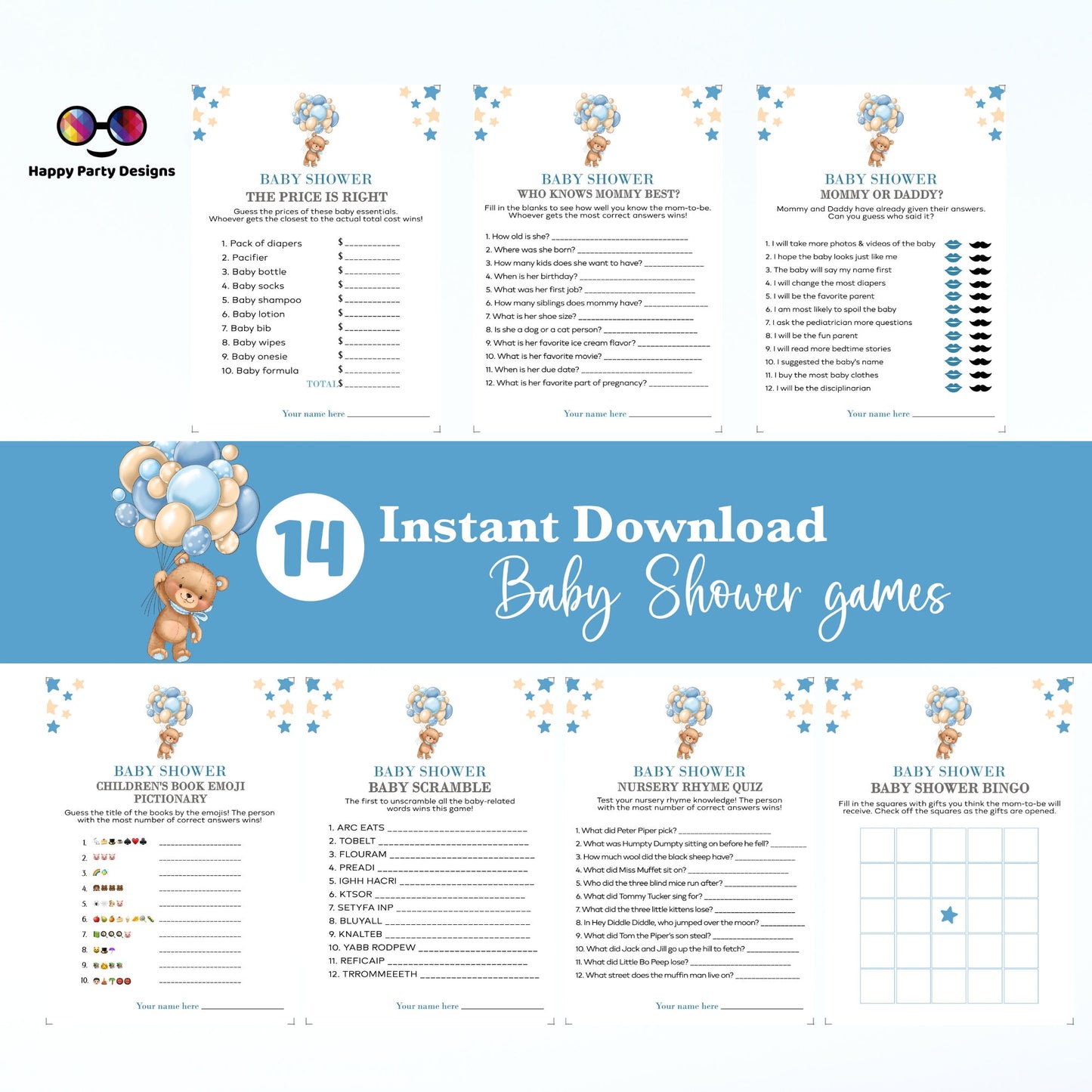 Instant teddy bear baby games bundle | baby shower games | Baby boy | blue baby shower | bear and balloons baby shower games #B22