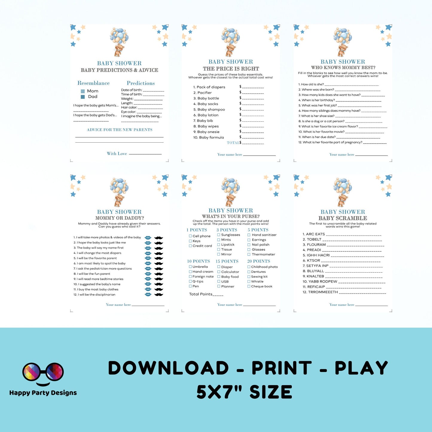 Instant teddy bear baby games bundle | baby shower games | Baby boy | blue baby shower | bear and balloons baby shower games #B22