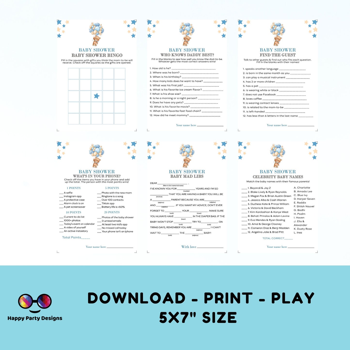 Instant teddy bear baby games bundle | baby shower games | Baby boy | blue baby shower | bear and balloons baby shower games #B22