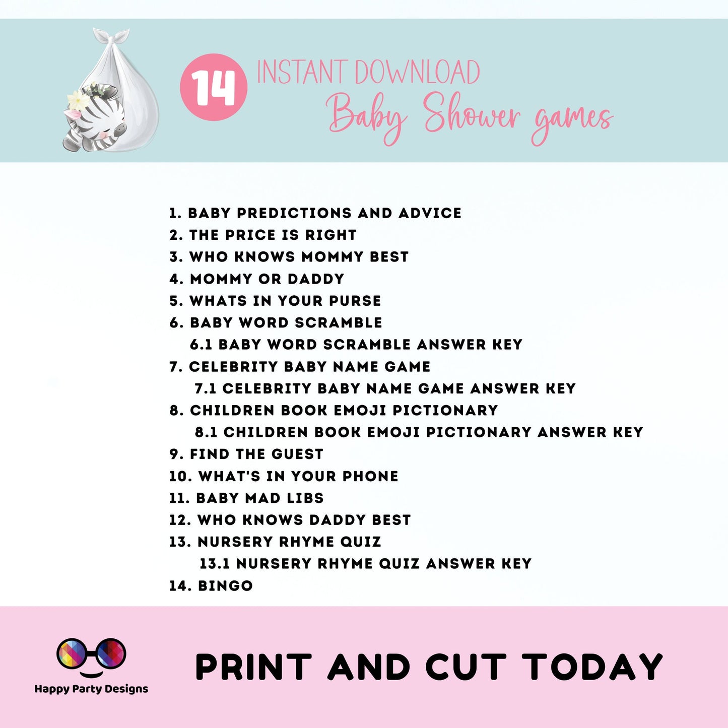 Instant baby zebra games bundle | baby shower games | Baby girl | pink baby shower | zebra baby shower games   #B24