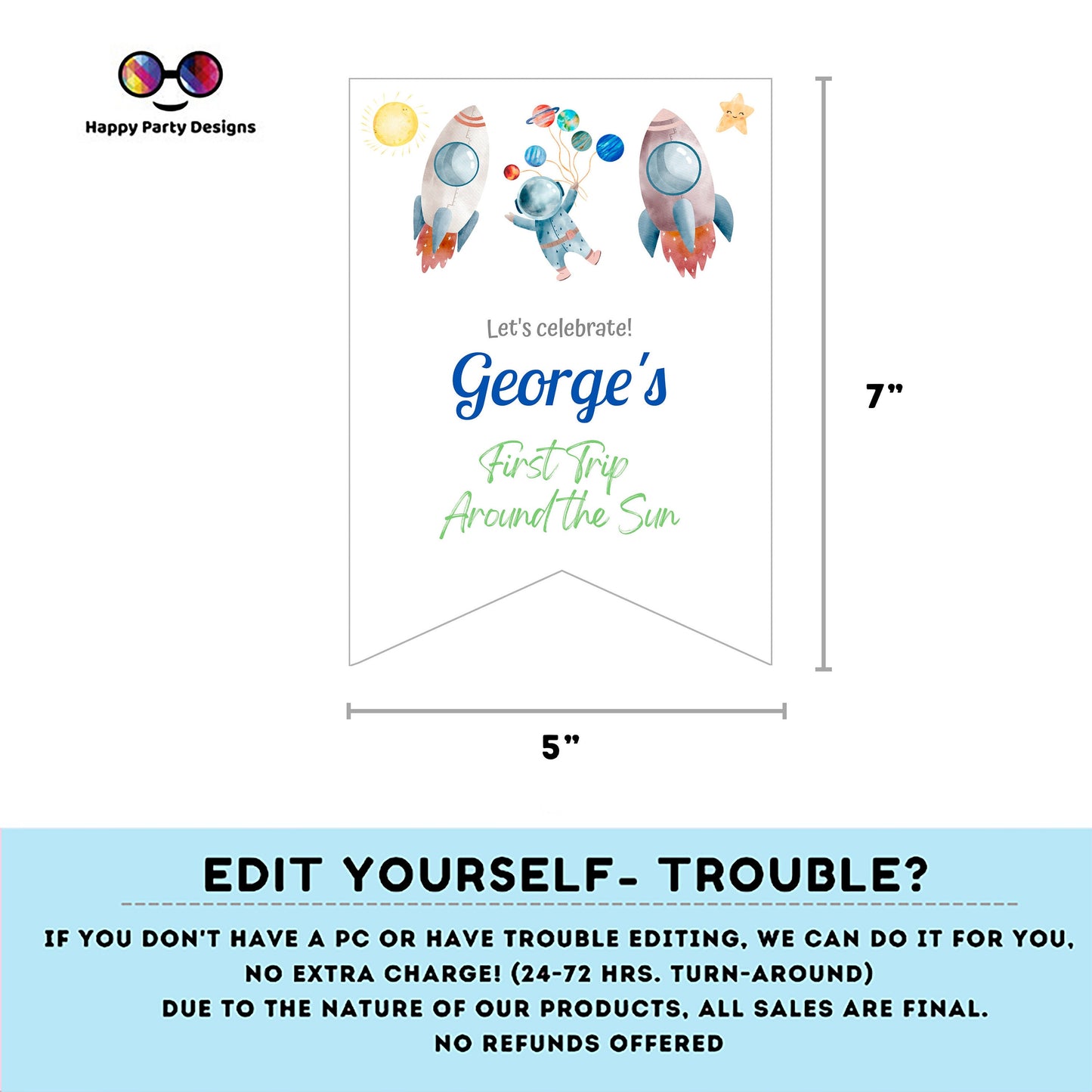 Editable First Trip Around the Sun Birthday Banner | Outer Space birthday | First Birthday banner  Astronaut birthday party One banner  #K5