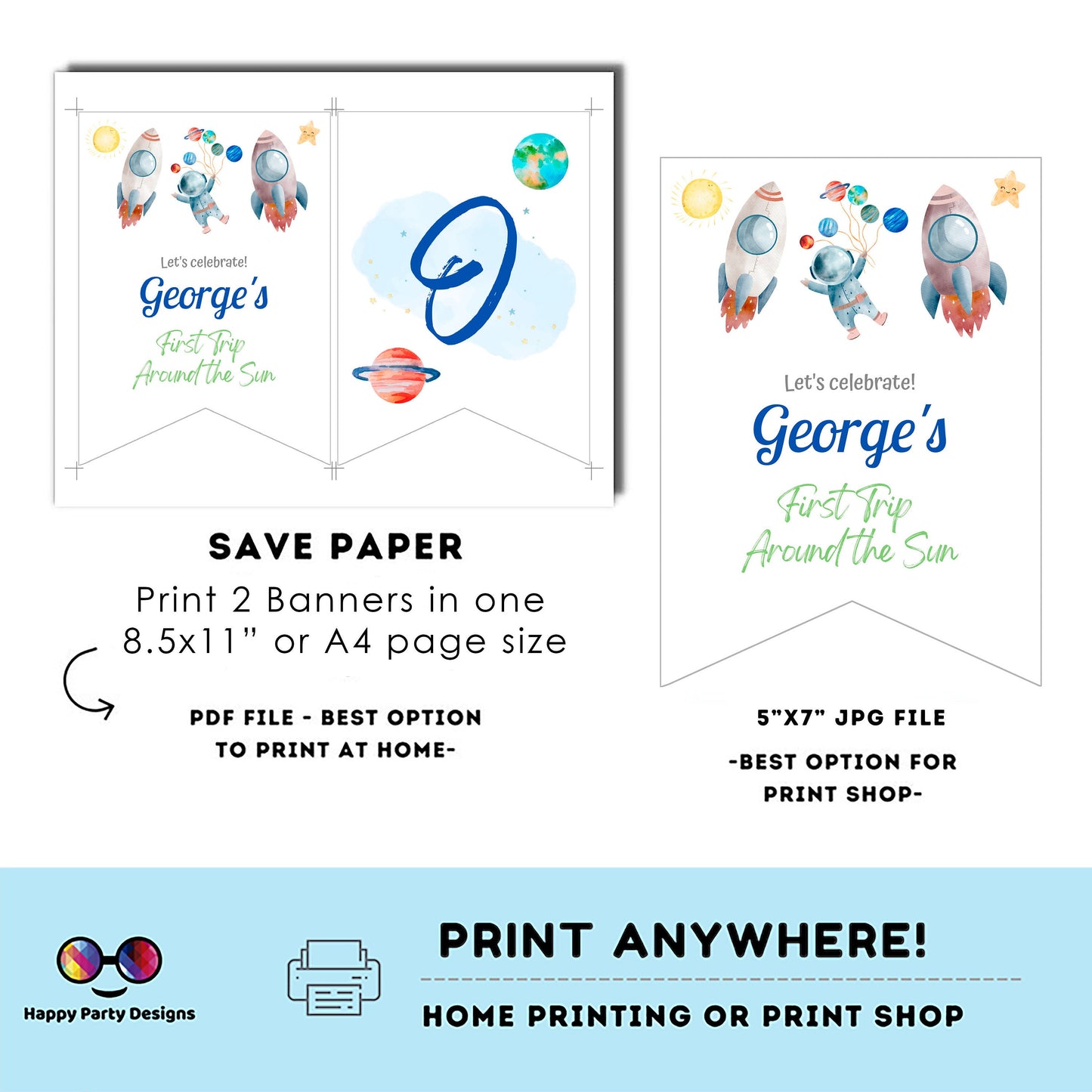 Editable First Trip Around the Sun Birthday Banner | Outer Space birthday | First Birthday banner  Astronaut birthday party One banner  #K5