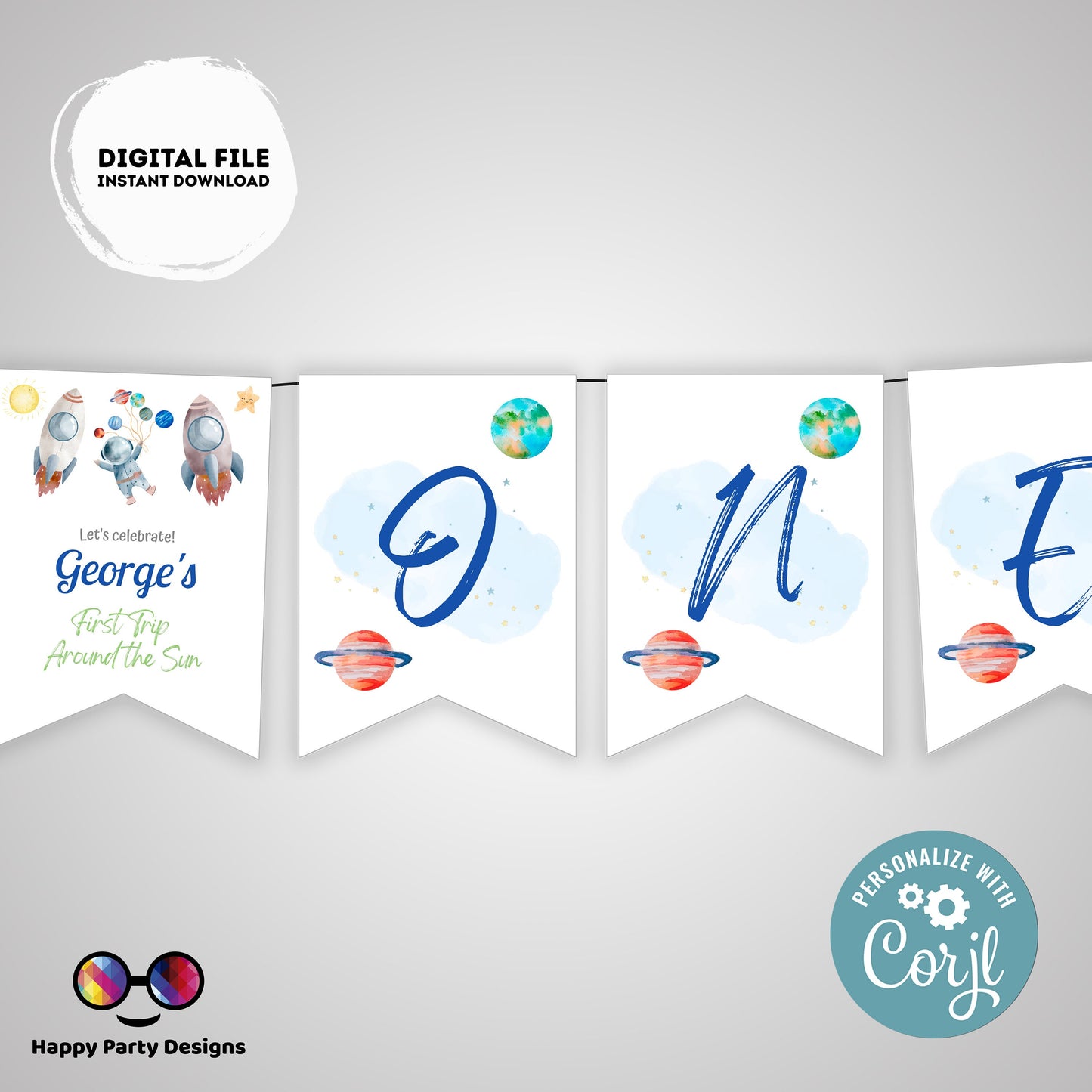 Editable First Trip Around the Sun Birthday Banner | Outer Space birthday | First Birthday banner  Astronaut birthday party One banner  #K5