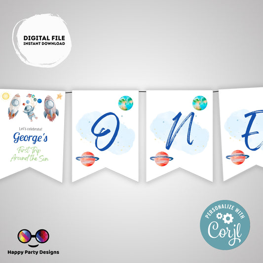 Editable First Trip Around the Sun Birthday Banner | Outer Space birthday | First Birthday banner  Astronaut birthday party One banner  #K5