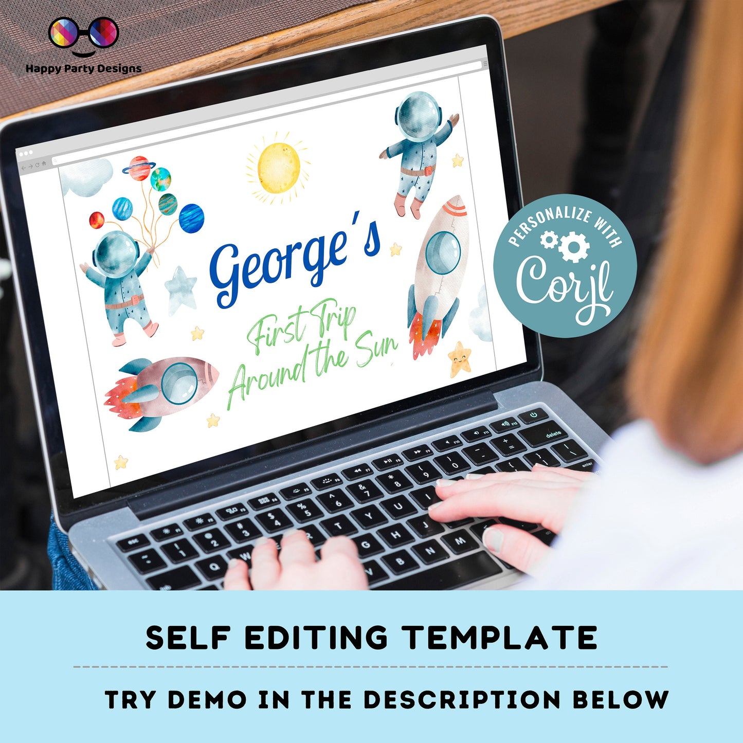 Editable First Trip around the Sun Food Label Blue Backdrop Banner  | Digital Outer Space printable Backdrop Banner | Astronaut decor #K5