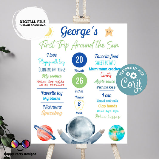 Editable milestone First Trip Around the Sun party Sign | Outer Space party birthday | Astronaut Decoration | birthday Printable poster #K5
