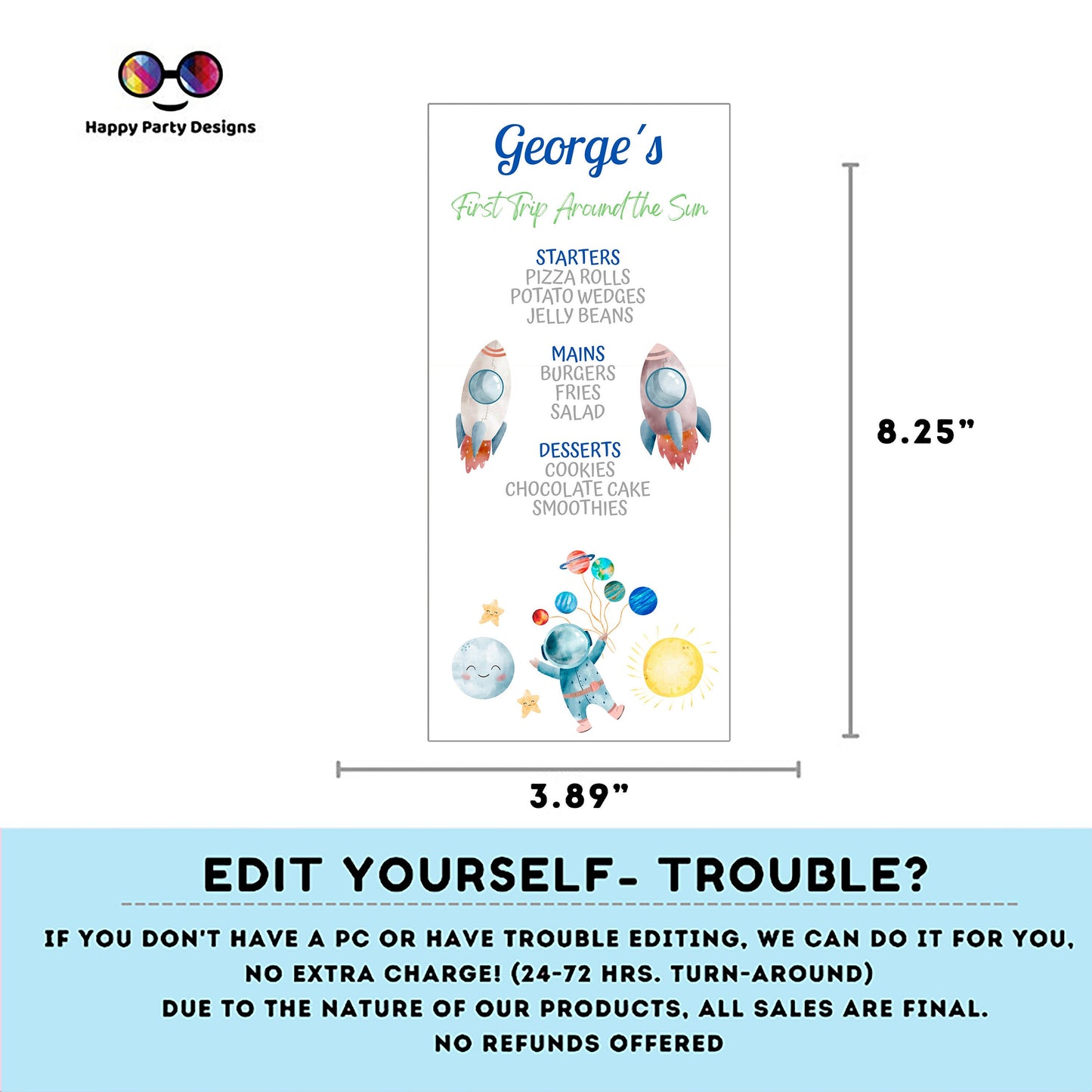 Editable First Trip Around the Sun Party Menu | Digital Outer Space printable menu | Birthday boy | Astronaut menu | Personalize #K5