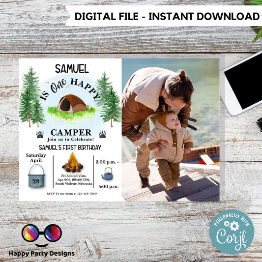 Editable Happy Camper Birthday photo Invitation | One Happy Camper | First Birthday | Camping Birthday Party | Instant Download | #K95