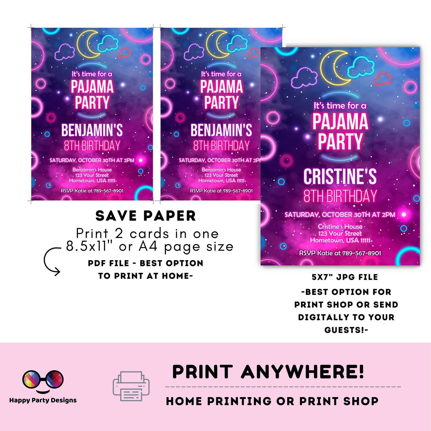 EDITABLE Girl sleepover party birthday invitation | Slumberparty Girls Invitation | Birthday Girl Instant Download Neon Sleepover Party #K99