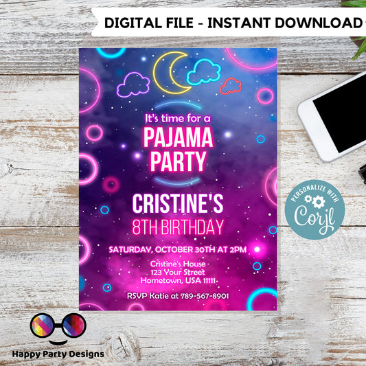 EDITABLE Girl sleepover party birthday invitation | Slumberparty Girls Invitation | Birthday Girl Instant Download Neon Sleepover Party #K99