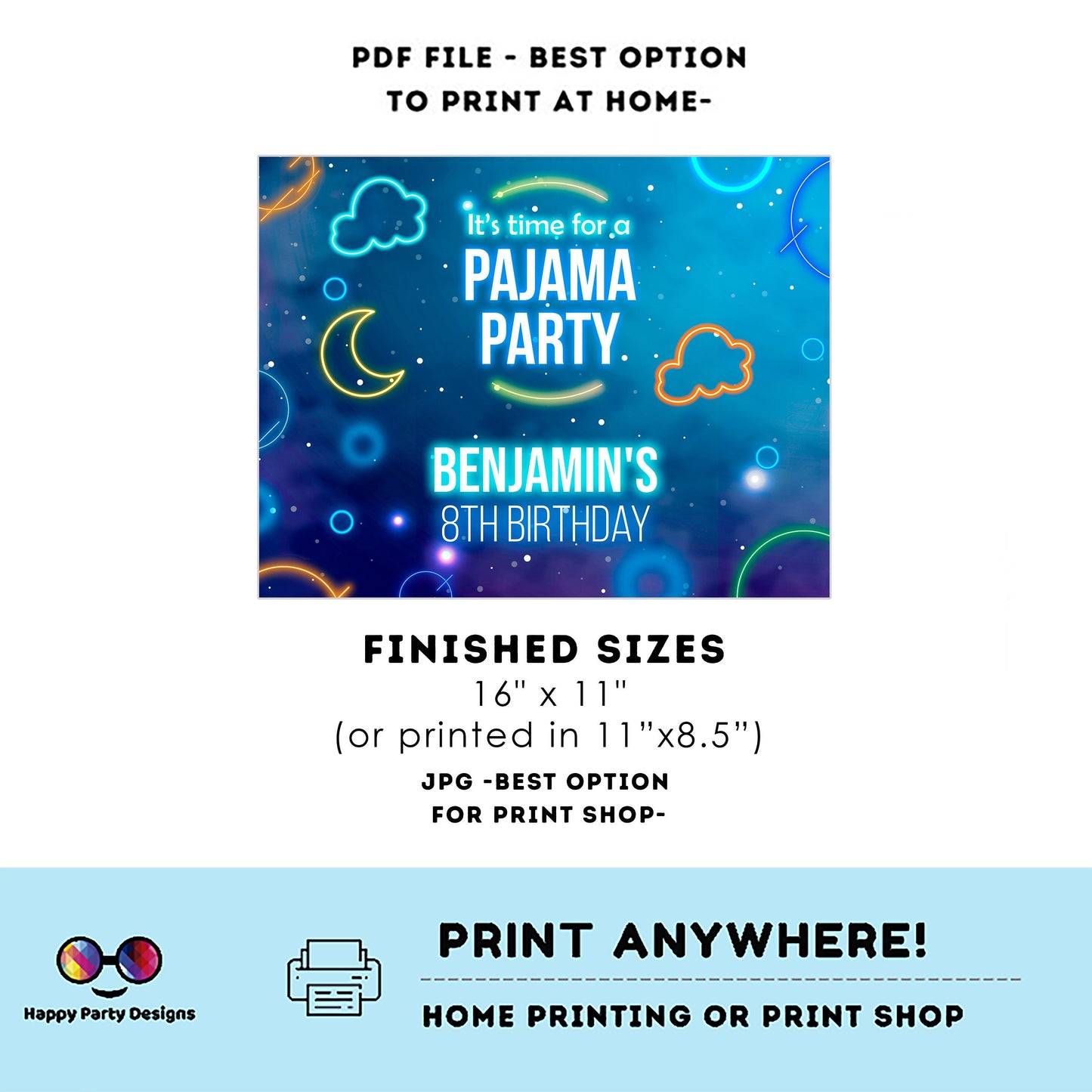 EDITABLE Boys sleepover party birthday placemat | Slumberparty  Boy Placemat | Birthday Boy | Instant Download Neon Sleepover Party #K98