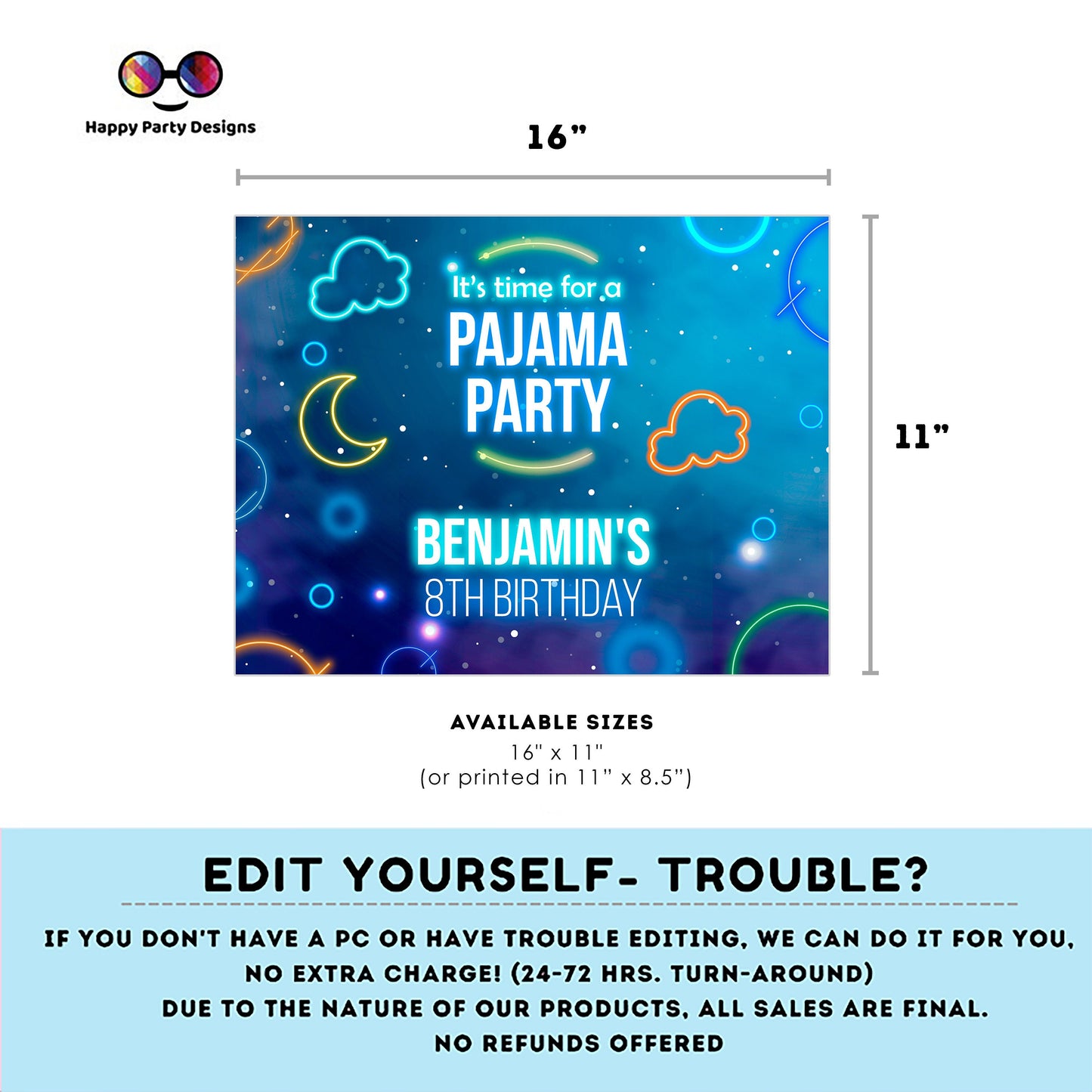 EDITABLE Boys sleepover party birthday placemat | Slumberparty  Boy Placemat | Birthday Boy | Instant Download Neon Sleepover Party #K98