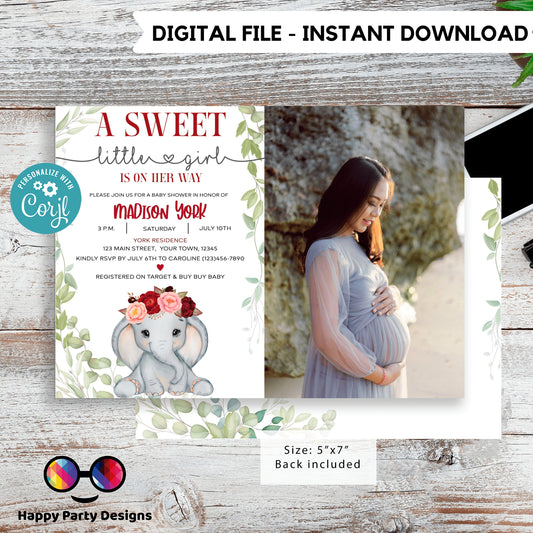 Elephant Baby Shower Invitations for Girls with photo | Sweet baby girl | burgundy | Cute elephant | Edit Yourself & Instant Download #B14