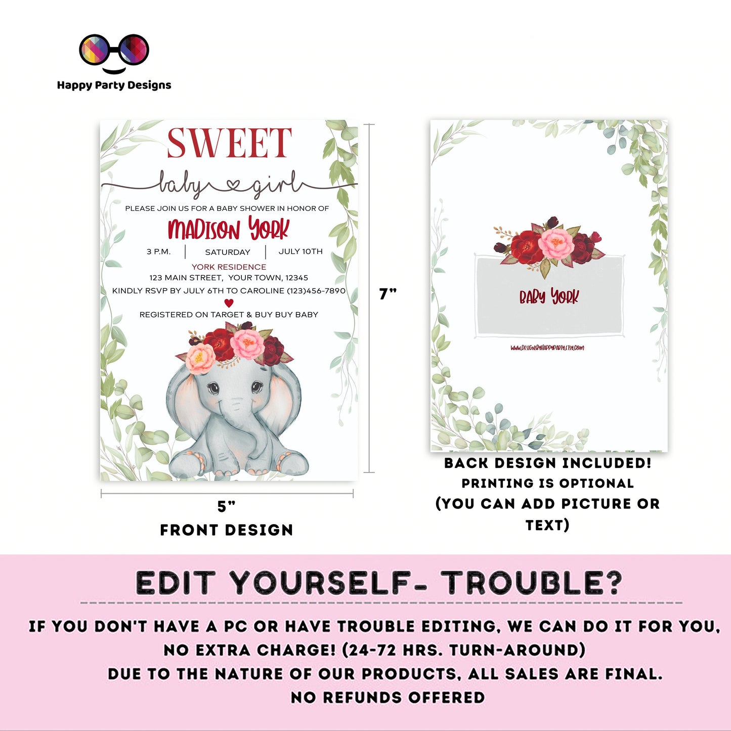 EDITABLE elephant Baby shower invitation bundle | diaper raffle, books for baby, thank you tag, thank you card | elephant baby girl | #B14