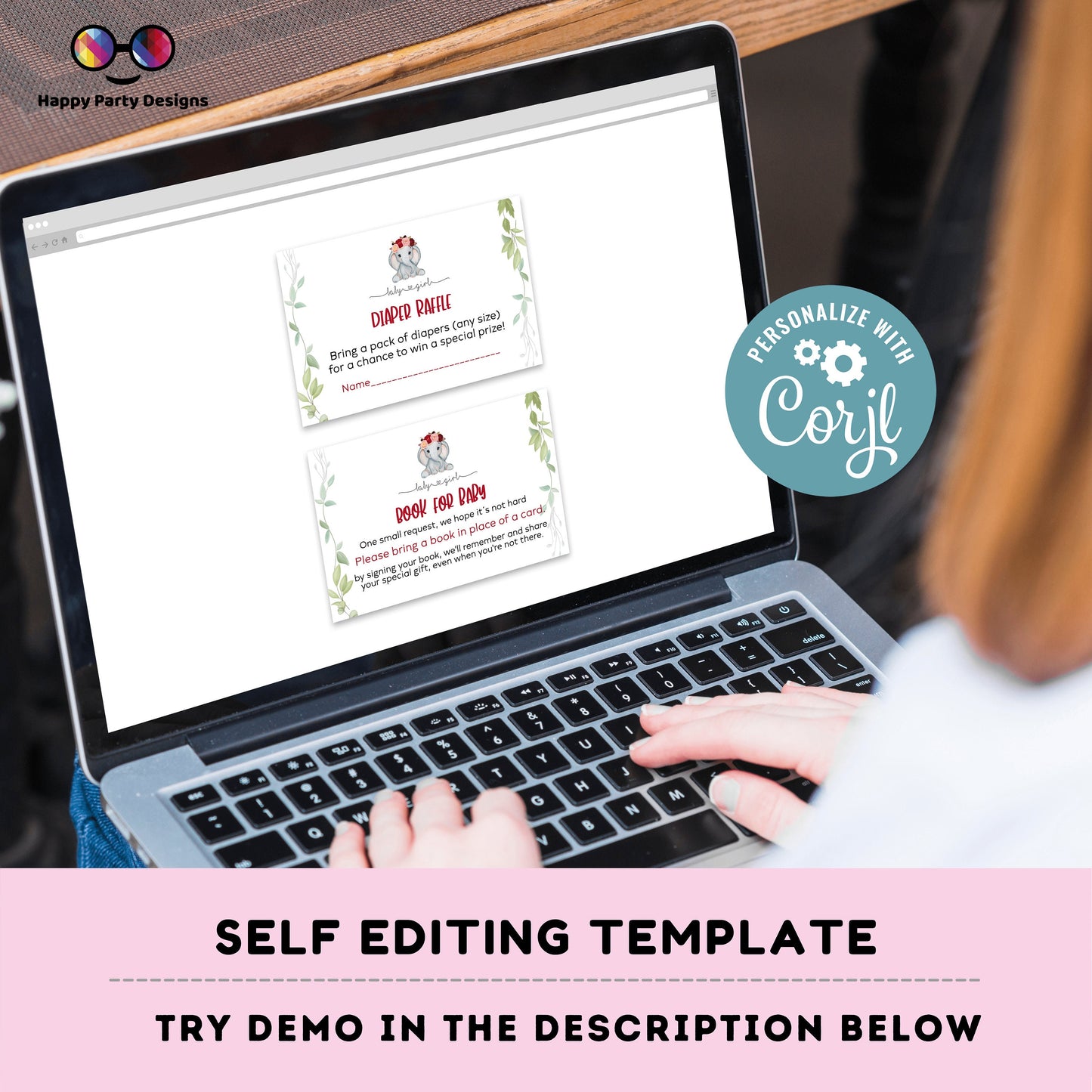 EDITABLE elephant Baby shower invitation bundle | diaper raffle, books for baby, thank you tag, thank you card | elephant baby girl | #B14