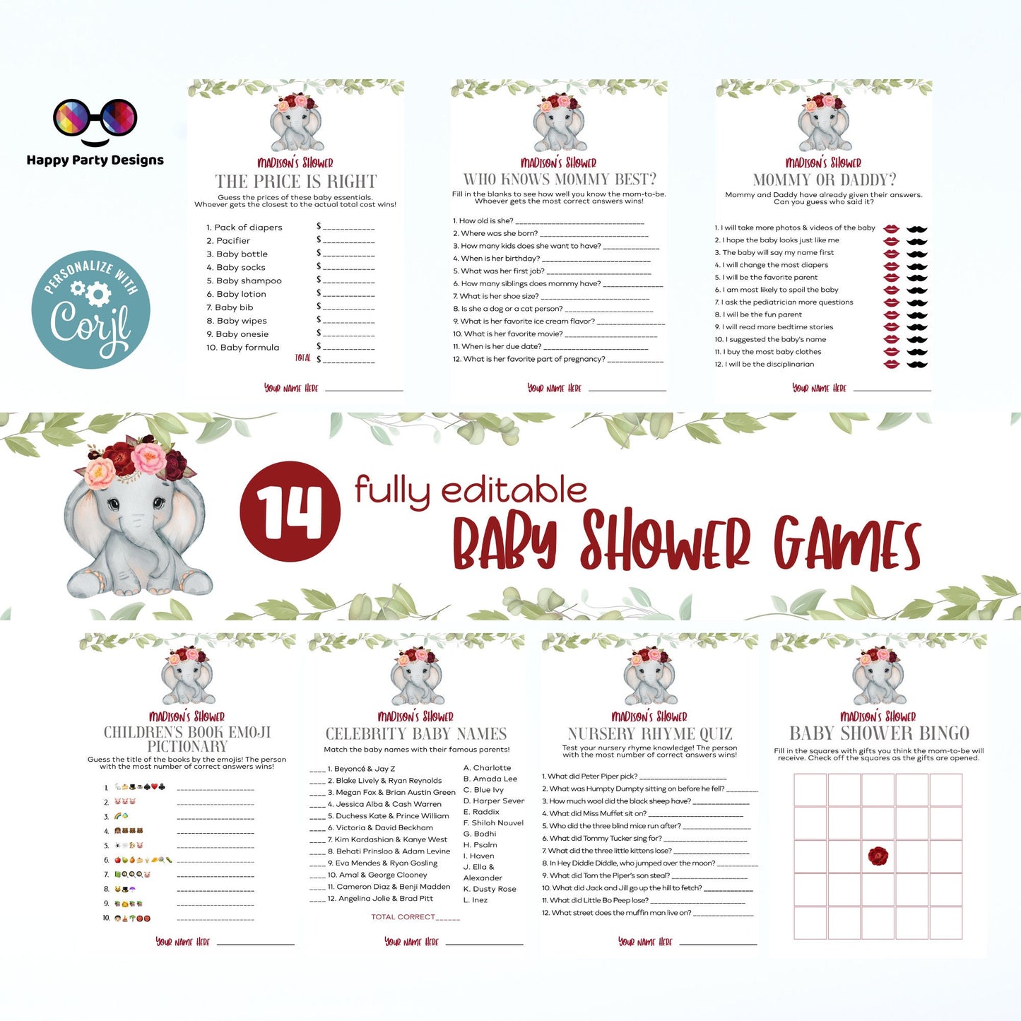 Editable elephant games bundle | elephant baby shower games | Baby girl | elephant shower |  burgundy baby shower games #B14