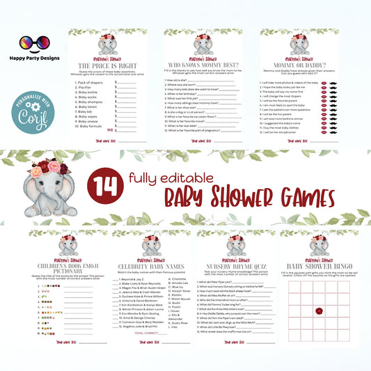 Editable elephant games bundle | elephant baby shower games | Baby girl | elephant shower |  burgundy baby shower games #B14