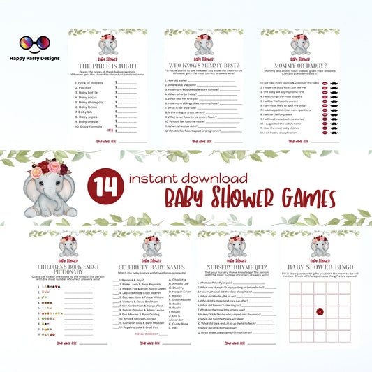 Instant baby elephant games bundle | baby shower games | Baby girl | burgundy baby shower | elephant baby shower games   #B14
