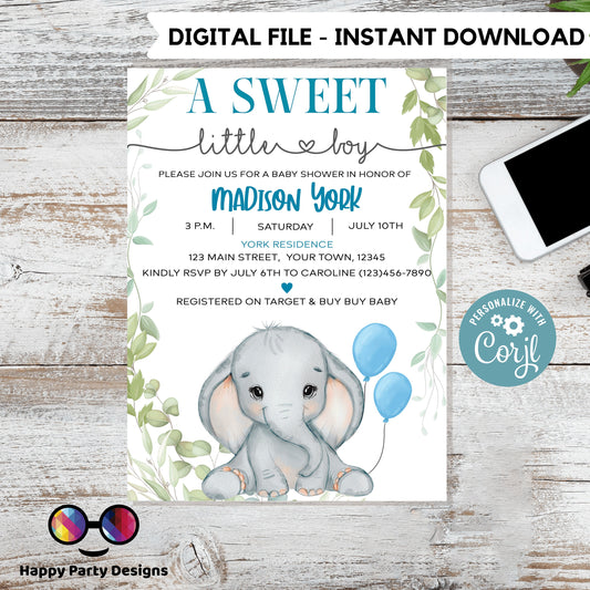 Elephant Baby Shower Invitations for boy | Sweet baby boy | blue | Cute elephant | Edit Yourself & Instant Download #B18